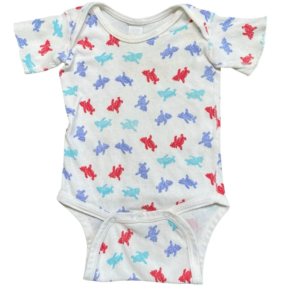 Vintage Winnie the Pooh One Piece Bodysuit Outfit Red Blue All Over Print 0-3M